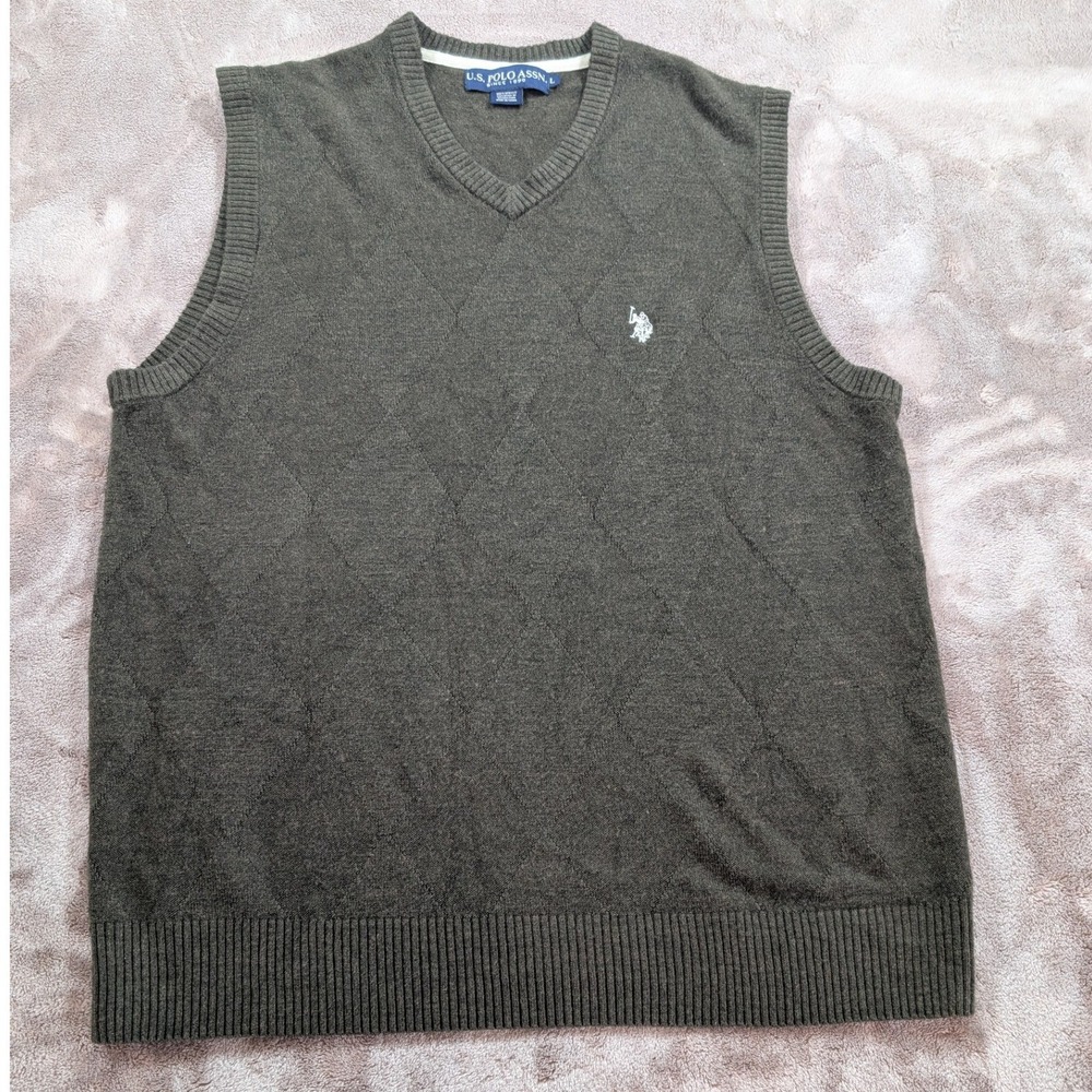 US Polo Assn Mens Olive Green Argyle Diamond Knit V-Neck Sweater Vest Large L